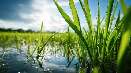 Fototapeta premium Close-up of lush rice plants in a flooded field, early morning light reflecting on water and dew-covered leaves. Harvesting