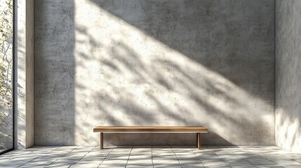 A room with concrete walls and a wooden bench