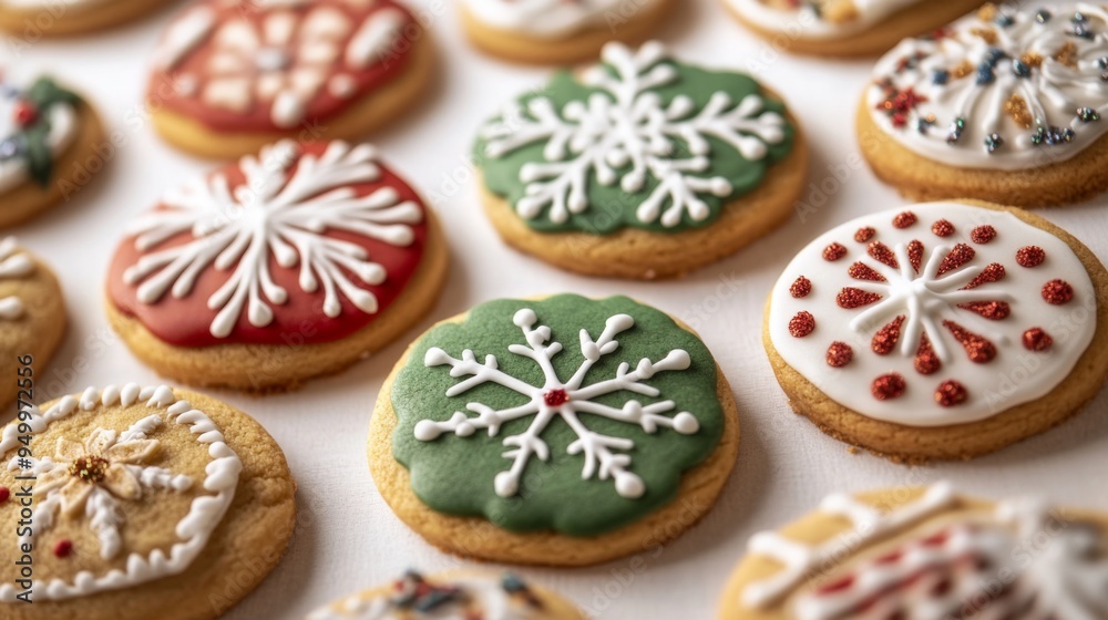 Poster a close-up of decorated cookies with festive designs, such as holiday themes or intricate icing patt