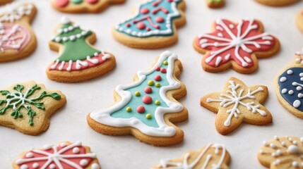 Fototapeta premium A close-up of decorated cookies with festive designs, such as holiday themes or intricate icing patterns, arranged on a clean, white surface for a vibrant display.