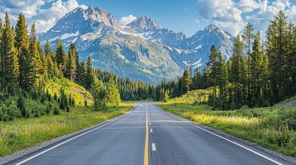 Fototapeta premium Majestic Road Through Pine Forest with Serene Mountain View, Nature's Beauty at Its Best