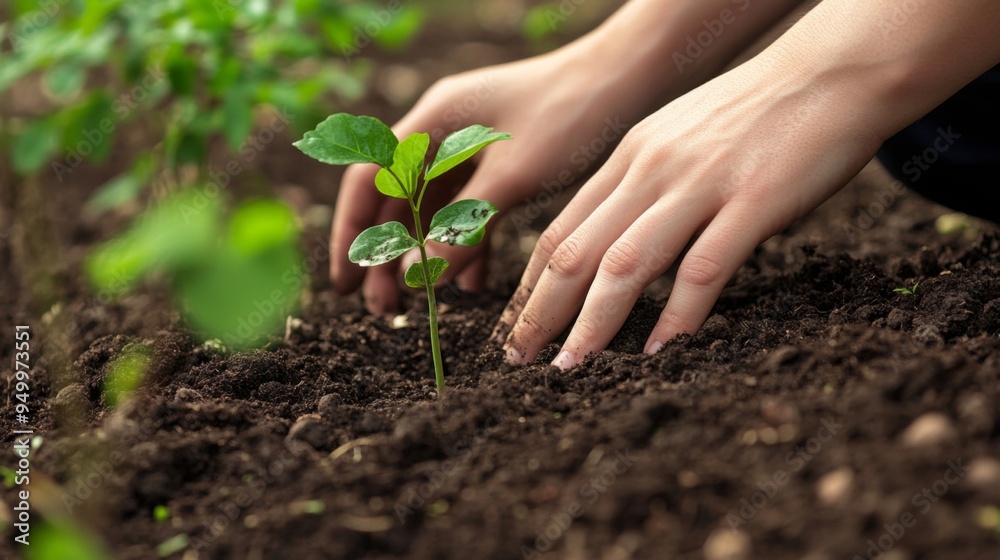 Poster A close-up of hands planting a small tree sapling into the ground, with soil being gently packed around the roots, emphasizing the delicate process of nurturing new growth.