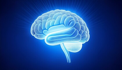 Fototapeta premium A blue background with a glowing brain on it Stock Illustration