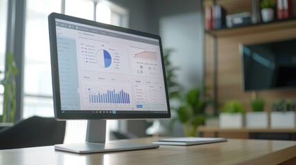 Computer monitor showing statistical business data on a desk in office workspace