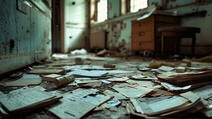 Obraz premium A forgotten office space covered in dust and scattered documents, highlighting the passage of time and neglect.