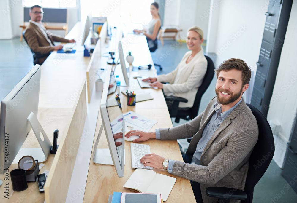 Poster portrait, business people and teamwork with computer, typing and design company with project. face, 