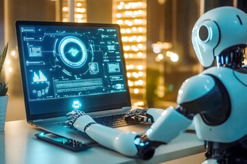 Robot working on a futuristic laptop with digital interface, symbolizing artificial intelligence, technology, and automation in modern work