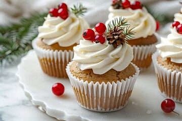 A photograph of Snowflake Cupcakes, white cupcakes with beige frosting and a snowdrop sugar decoration