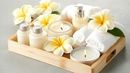 A bright bathroom features a round wooden tray adorned with candles, neatly folded towels, and bottles of shampoo, all placed near a modern bathtub and gray wall