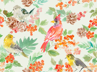 Abstract Watercolor birds and Red Berries Seamless Pattern for christmas. Hand-Drawn Cardinal, Robin, Long-Tailed Tit, and Holly Textile Design. Bird and Botanical Pattern for the Holiday Season.