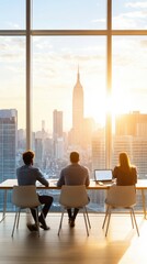Fototapeta premium A business meeting in a modern office, with a diverse team of professionals reviewing documents and discussing project details, large windows offering a view of the cityscape