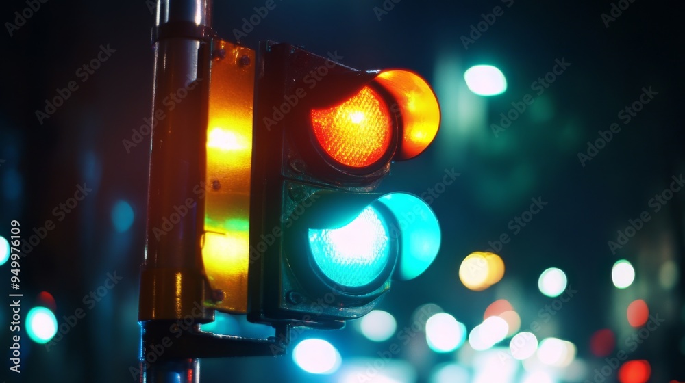 Poster A close-up view of a traffic light at night, with all lights illuminated and creating a vibrant glow against the dark backdrop.