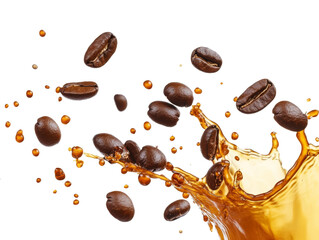 Obraz premium Roasted coffee beans in mid-flight surrounded by a high-speed splash, emphasizing movement and freshness, ideal for coffee branding and promotional visuals