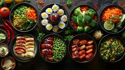 Fototapeta premium A vibrant collage of Asian fusion dishes featuring sushi rolls, stir-fry vegetables, dumplings, and ramen bowls, all served on sleek, minimalist plates, set on a modern dining table with warm,