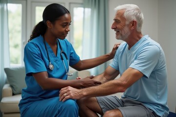 Obraz premium Black Doctor helps and advises the patient in the clinic. Concept of physiotherapy and a healthy lifestyle. Generative AI