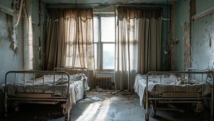 Obraz premium An abandoned hospital room with two beds, peeling paint, and dusty windows.
