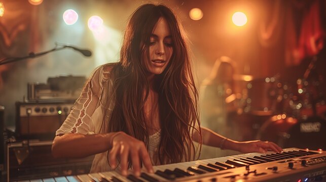 A young woman with long hair playing a keyboard on stage during a live music performance. The atmosphere is vibrant with warm lighting and a smoky background, creating an energetic vibe.