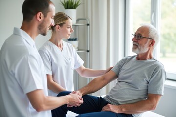 Obraz premium Doctor helps and advises the patient in the clinic. Concept of physiotherapy and a healthy lifestyle. Generative AI