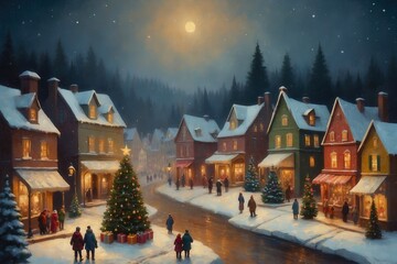 Fototapeta premium Colorful christmas snowy winter village landscape painting, holiday seasonal nature theme concept texture design illustration. 
