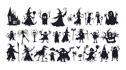 Collection of Halloween silhouettes icon and character elements for Halloween decorations, silhouettes, sketch, icon, sticker. on white background