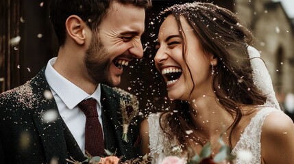 A close-up of a bride and groom laughing as confetti rains down on them during their wedding exit.