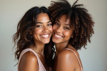 Lesbian happy couple smiles and hugs on a studio background. The concept of same-sex love and tolerance. Lgbtq community, freedom and lgbt people with pride. Generative AI