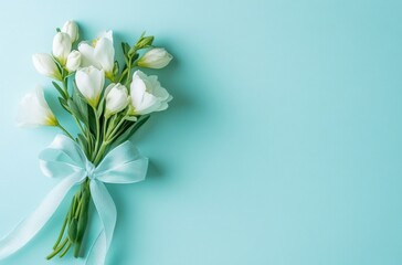 White Flowers with Blue Ribbon on Turquoise Background