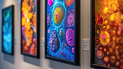Fototapeta premium Four framed, vibrant, abstract artworks hang on a white wall, showcasing colorful circular patterns and textures.