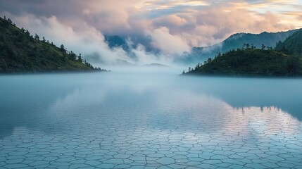 Misty mountain lake with cracked dry bed reflecting dramatic sky, blending serene waters with surreal drought-affected foreground