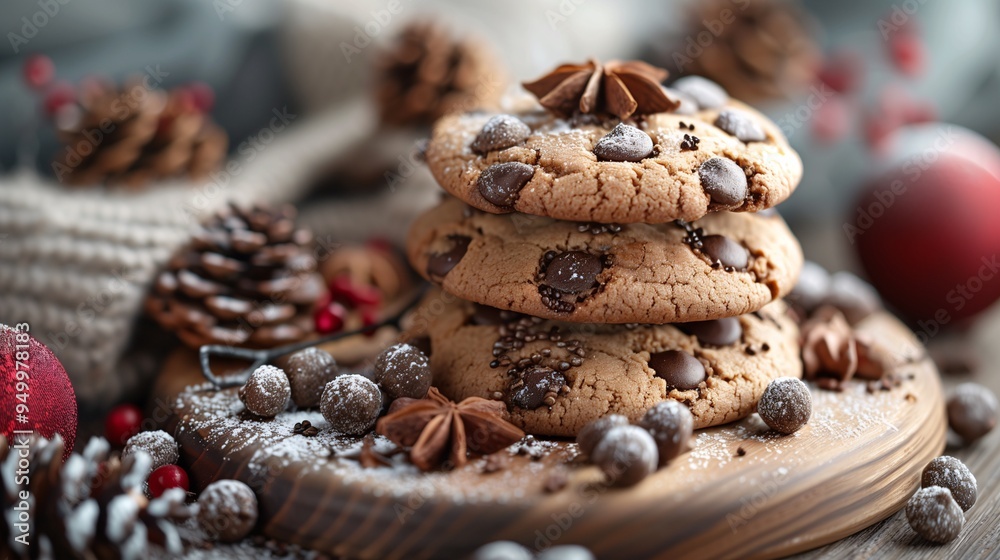 Wall mural a cozy arrangement of chocolate chip cookies stacked on a wooden board, surrounded by pine cones, fe