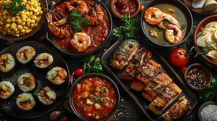 Fototapeta premium A vibrant collage of seafood dishes including grilled fish, shrimp cocktail, sushi, and clam chowder, each beautifully plated on nautical-themed dishes, set on a rustic wooden table with soft,