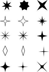 Sparkle star set icon in simple style, vector illustration. Effect shiny and twinkle for design. Silhouette collection star isolated symbol for decor. Black simple shape star on a white background