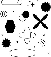A collection of minimalist basic elements. Geometric shapes of a square, oval, flower, star, triangles. Vector set for abstract design of Bauhaus, brutalism, art. Icons for creating Vf and Vfx effects
