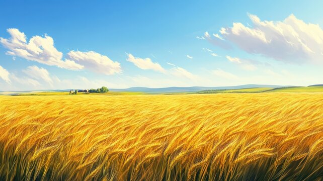 Sunlit wheat field with golden crops swaying under a bright sky, long shadows and a distant farmhouse creating a classic rural scene. Harvesting
