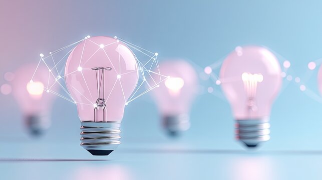 A cozy network of glowing light bulbs sharing creative ideas in pastel colors showcasing connection through digital nodes