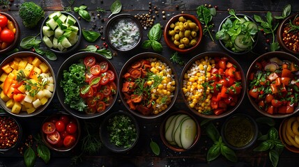 Fototapeta premium A vibrant collage of vegetarian dishes featuring colorful salads, grain bowls, roasted vegetables, and plant-based proteins, each beautifully plated on unique ceramic dishes,