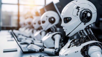 Fototapeta premium Futuristic robots working at computers, showcasing advanced technology and artificial intelligence in a modern workspace.