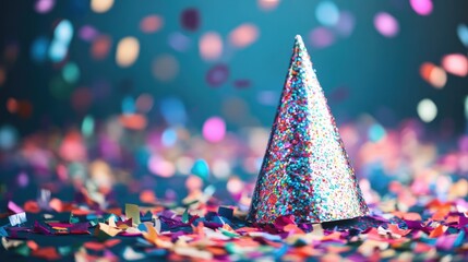 A close-up of a party hat surrounded by colorful confetti, ready for a birthday celebration.