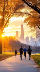 A city park at sunrise with joggers and people practicing yoga, symbolizing urban wellness