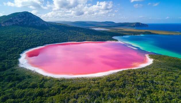 Mesmerizing Pink Lake Hillier: Aerial View of Nature's Wonder Surrounded by Lush Green Forest and White Coastline. Unique Travel Destination for Adventure Seekers and Nature Lovers, Perfect for Touris