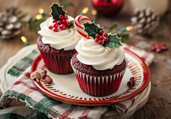 Two cupcakes with holly and red berries, candy cane decorations on top of the frosting