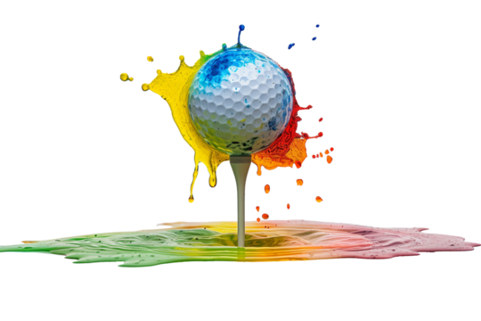 Golf ball with colorful splashes isolated on transparent background	

