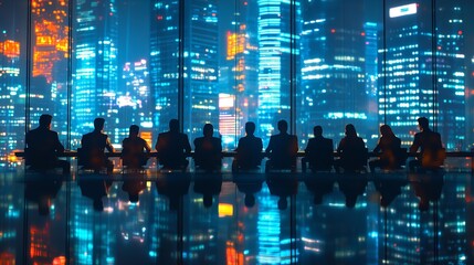 A group of people are sitting at a table with a sunset in the background