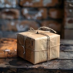 Vintage Gift Box Wrapped in Newspaper with String Tied in Retro Setting with Copy Space