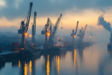 Fototapeta premium Cargo Cranes and Ships in a Foggy Harbor at Dawn