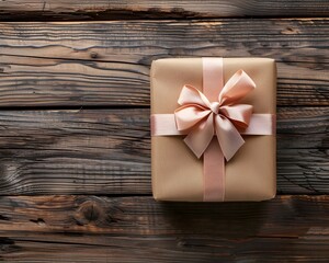 Fototapeta premium Hand tied Kraft Paper Gift Box on Rustic Wooden Background with Copy Space