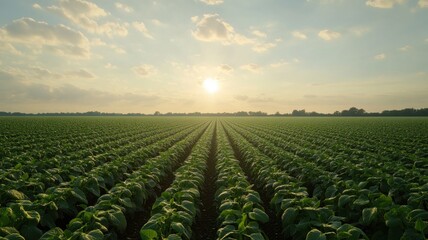 Lush green soybean field with orderly rows of plants, sunlight filtering through scattered clouds, distant trees on the horizon. Harvesting