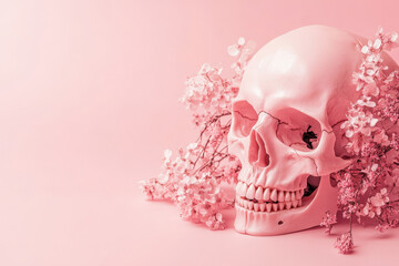 Pink skull with flowers on pink background for halloween decoration in girly style