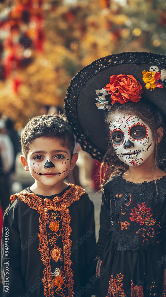 Sticker Children in Costumes Celebrating Day of the Dead Playfully  