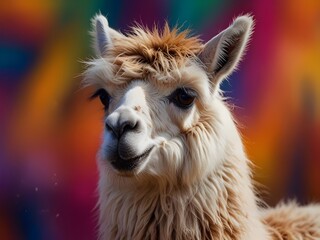 Obraz premium Close-Up Llama in a Colorful Background, Perfect for Whimsical Art and Rustic Decor